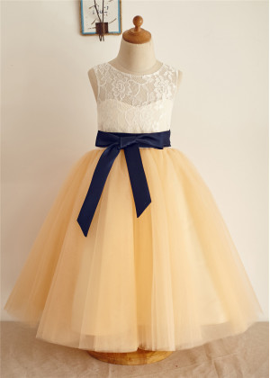 Ivory Lace Champagne Tulle Tea Length Flower Girl Dress